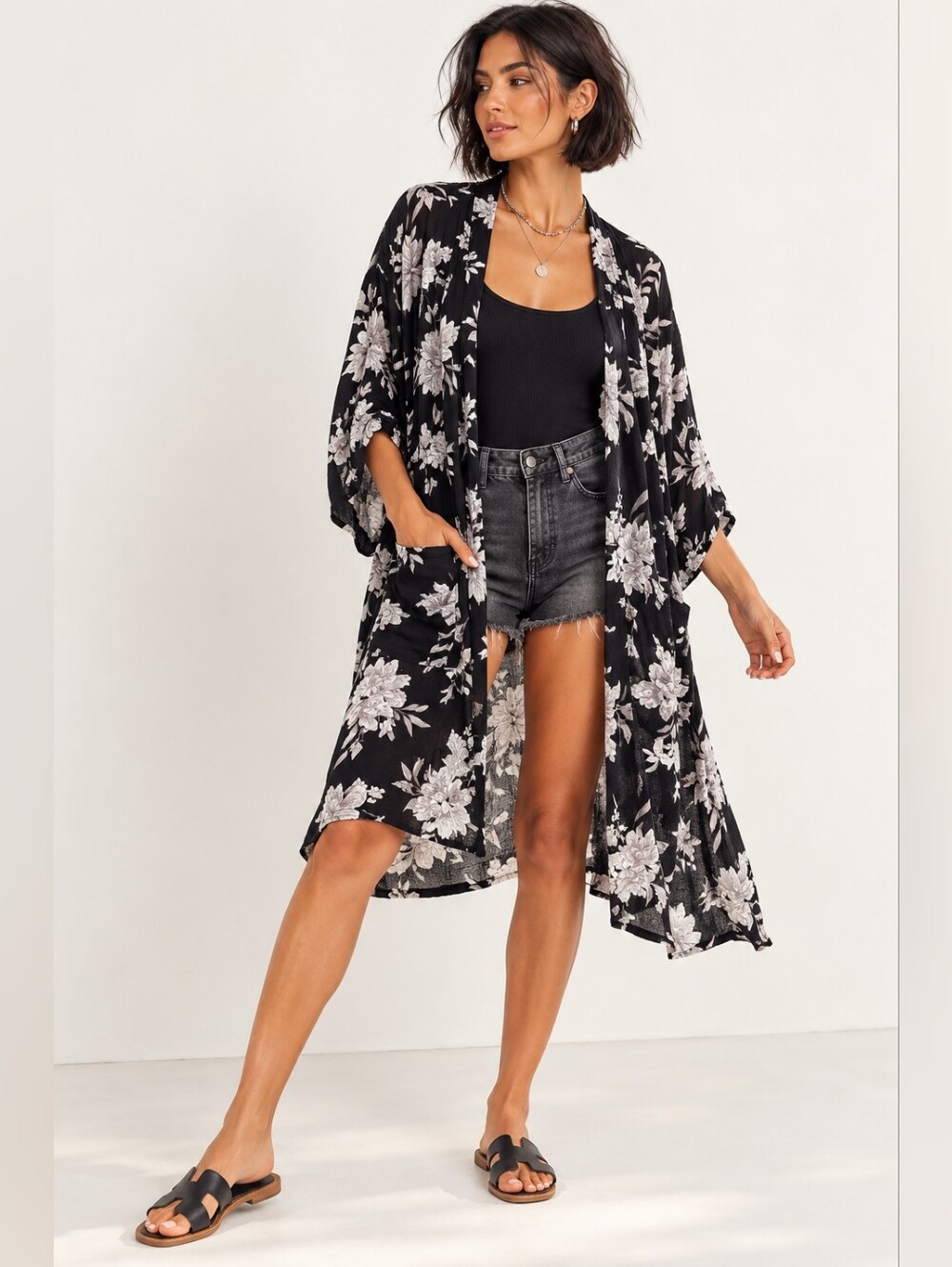 Spiritual Gangster Maya Floral Kimono Black White Rayon Cover Up One Size